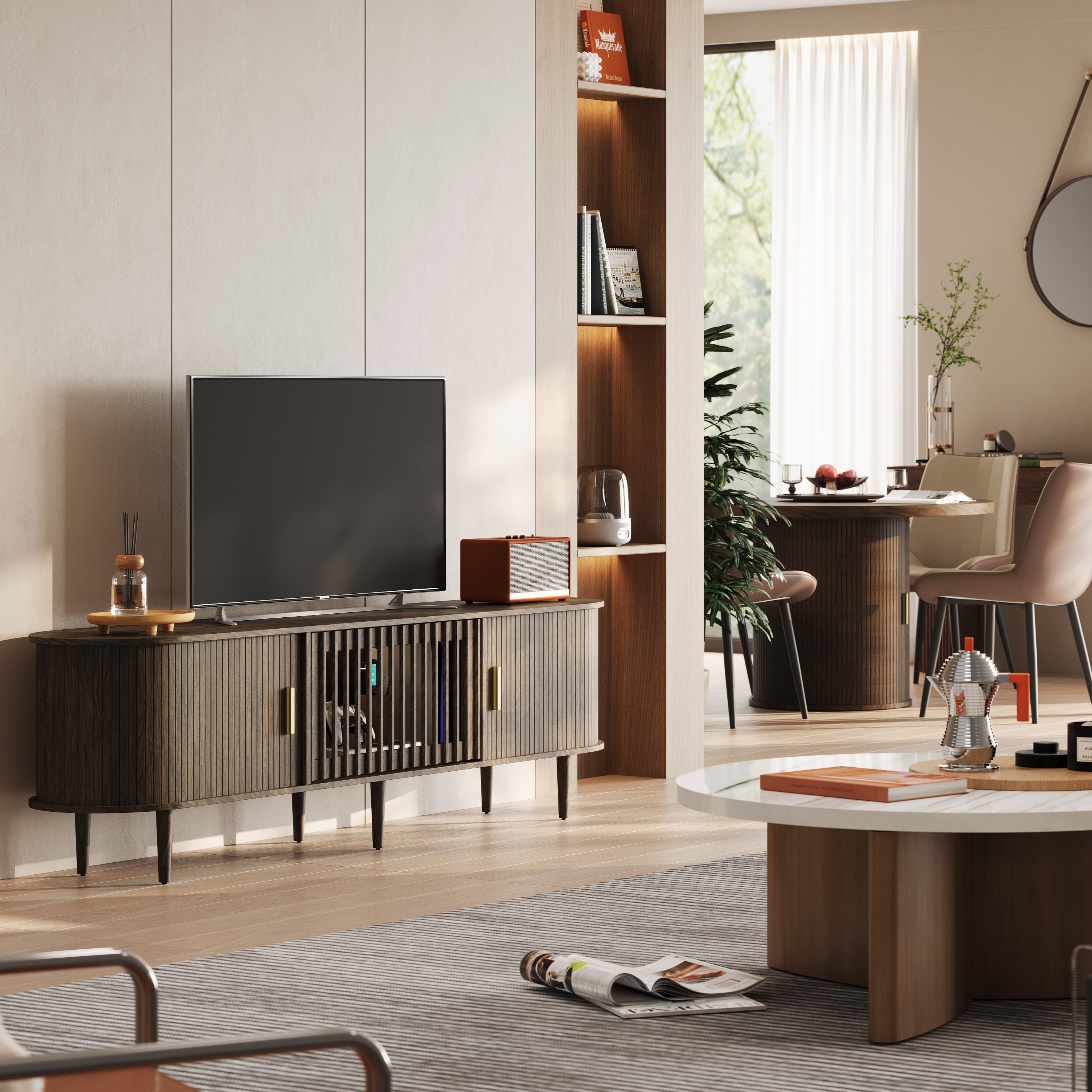 CHIC HOUSE 70" LED TV Stand for TVs up to 75", Mid-Century Modern Entertainment Center with Storage Shelves & Sliding Tambour Door, Walnut