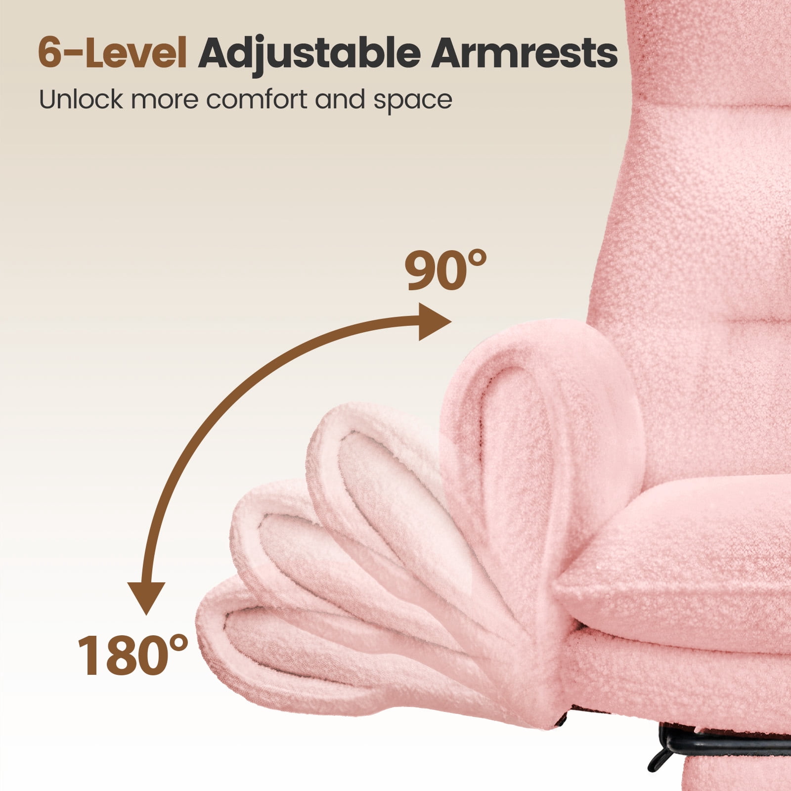 Big and Tall Office Chair, Cloud Teddy Plush Swivel Desk Chair with 6-Level Adjustable Armrests, Home Ergonomic Executive Office Chair, Pink