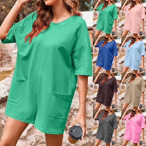 Women's Oversized Athletic Tee Romper Short Sleeve Jumpsuit with Pockets, Casual Workout Romper Shorts, Back Neck Hollow Out, Stretchy Comfy Lounge Wear Travel Essentials