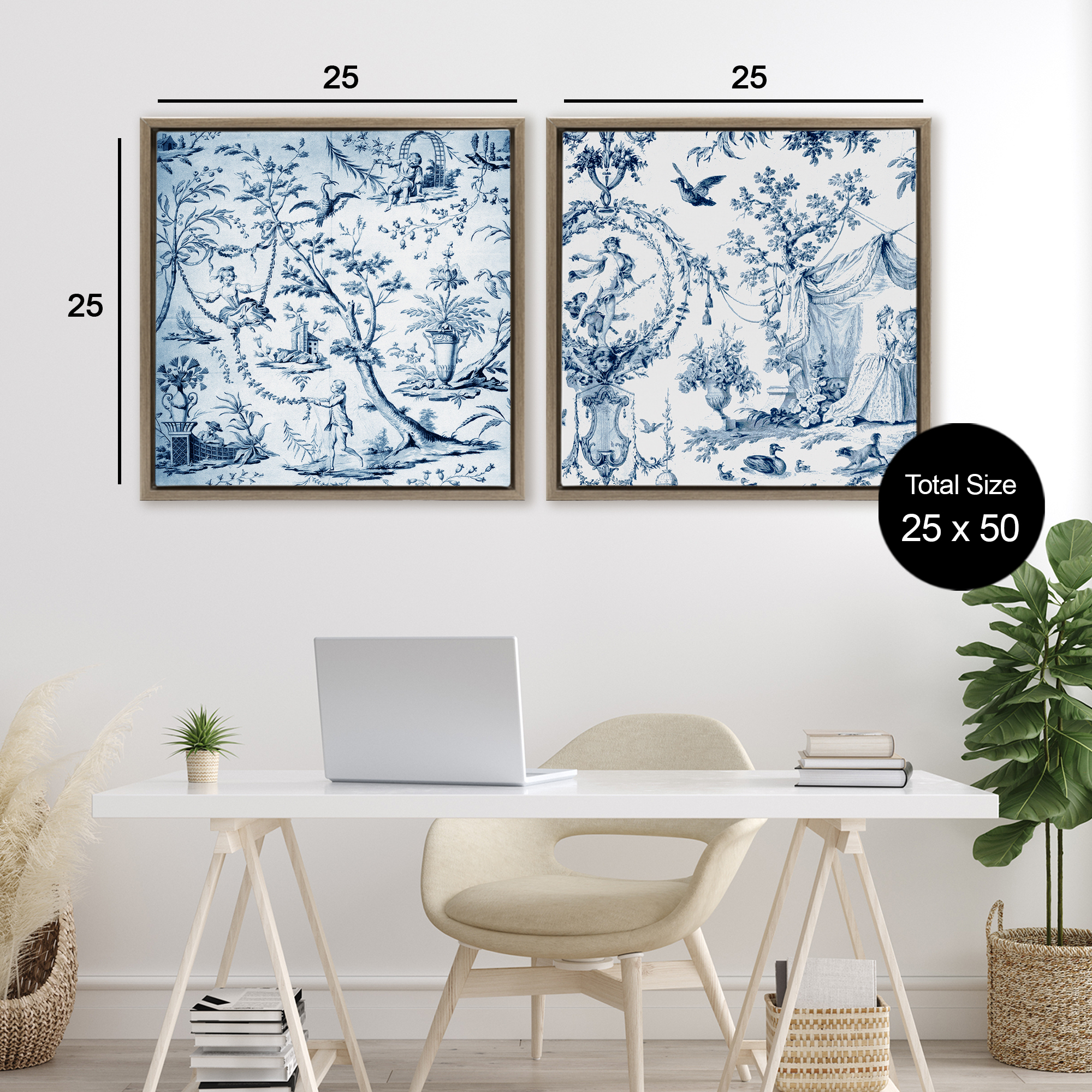 Intricate Toile Scenery 2 Piece Brown Framed Floater Canvas Set, design by Vintage Hustle
