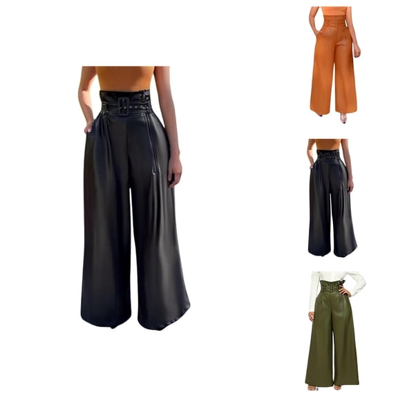 Palazzo Pants for Women 2026 Trendy High Waisted Belted Wide Leg Flowy Leather Pants Clubwear Dancewear