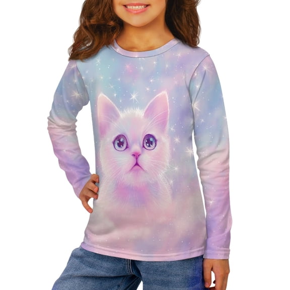 DISNIMO Galaxy Cat Shirt for Girls Long Sleeve Shirts Age 3-4 Years Old T Shirts for Kids Girls Shirts Soft Tee Shirts Kids Tees Girls Crew Neck Tshirt for Boys Fall Shirts Casual