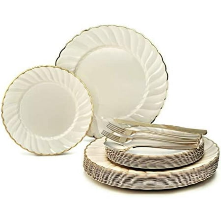 

OCCASIONS 150Pcs Set (25 Guests)-Vintage Wedding Party Disposable Dinnerware Set Plastic Plates & Silverware W/Double Fork -10.25 7.5 (Blossom Ivory & Rim)