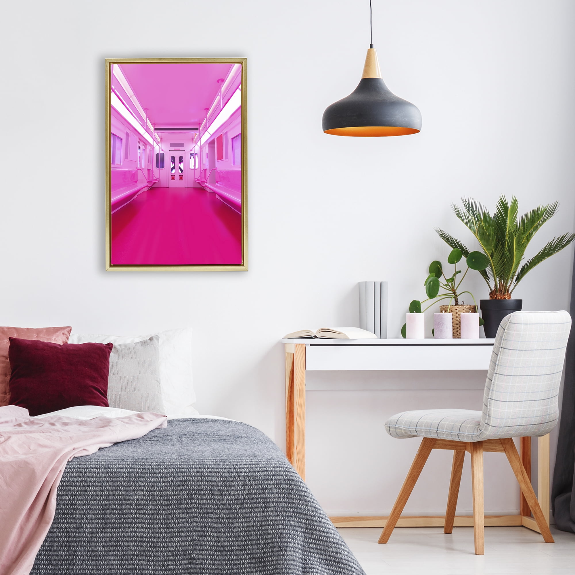 Futuristic Pink Tone Subway Gold Framed Floater Canvas Wall Art, design by LISH Creative