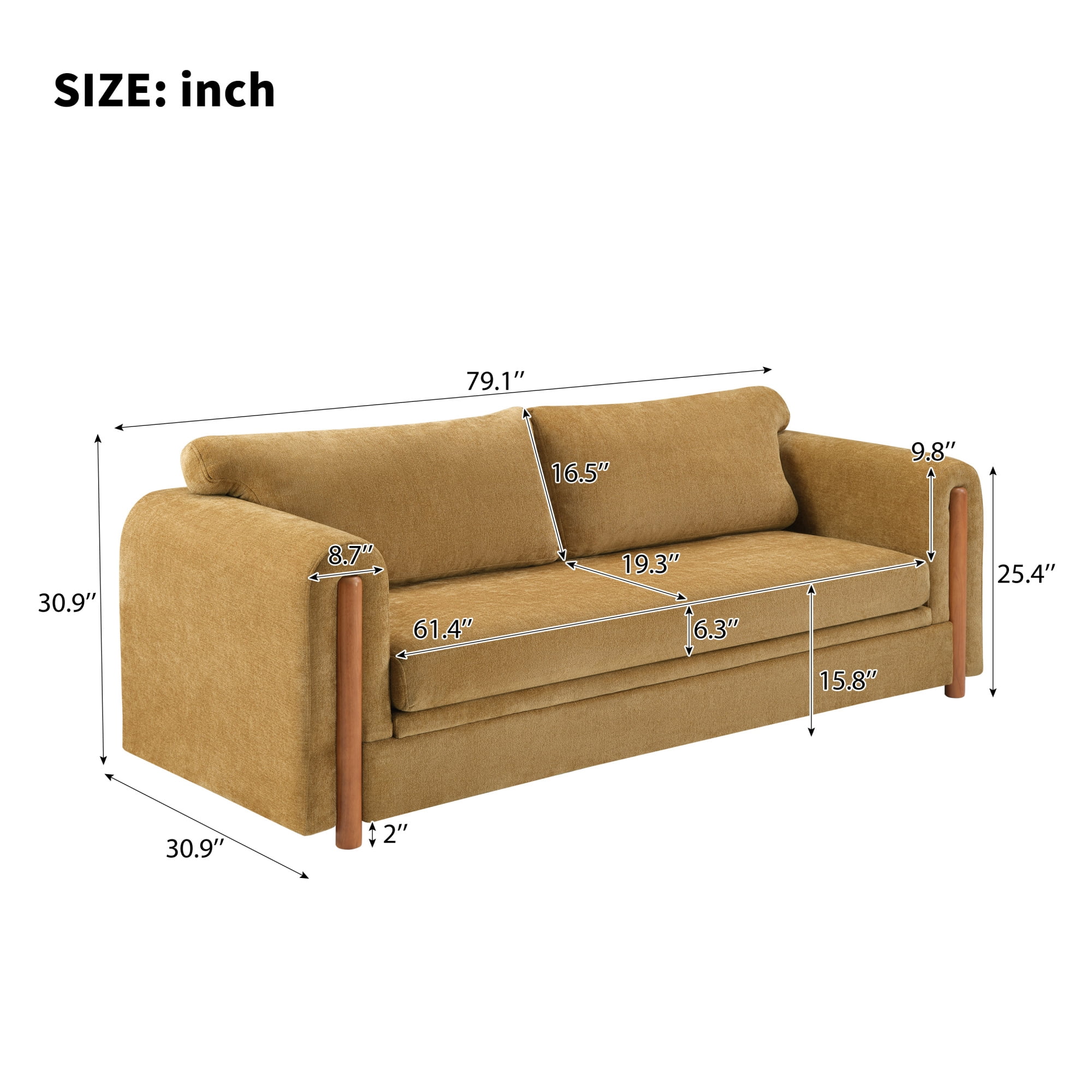 Leumius 79.1" 3-Seater Upholstered Couch, Accent Sofa with Square Arms for Living Room, Apartment and Small Space, Yellow