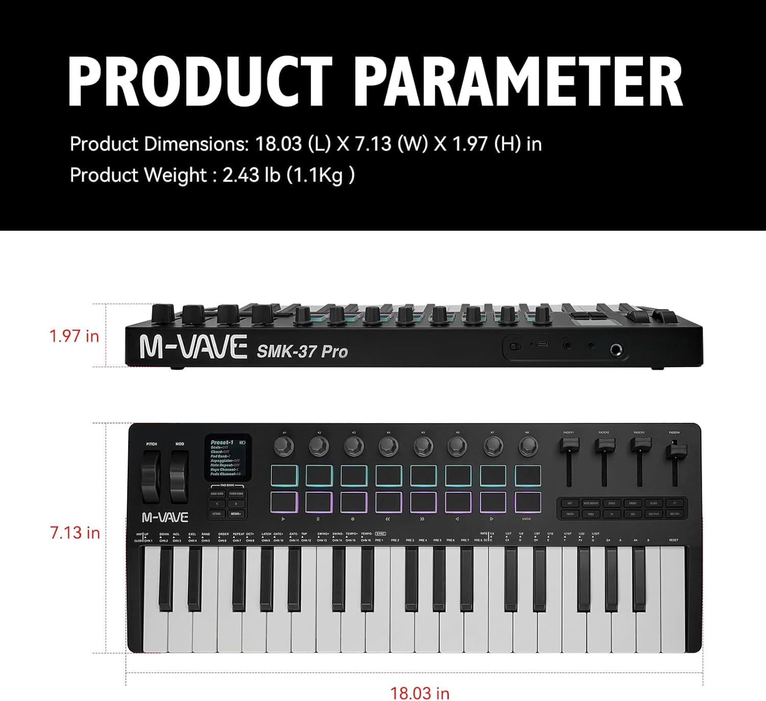 M-WAVE 37 Key USB MIDI Keyboard Controller With 16 Backlit Drum Pads, Bluetooth Semi Weighted Professional dynamic keybed 8 Knobs and Music Production,Software Included,Black