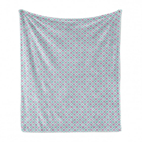 Abstract Soft Flannel Fleece Throw Blanket, Ornamental Design of Flower Like Motifs in Square Formations, Cozy Plush for Indoor and Outdoor Use, 50" x 60", Pale Purple Turquoise, by Ambesonne