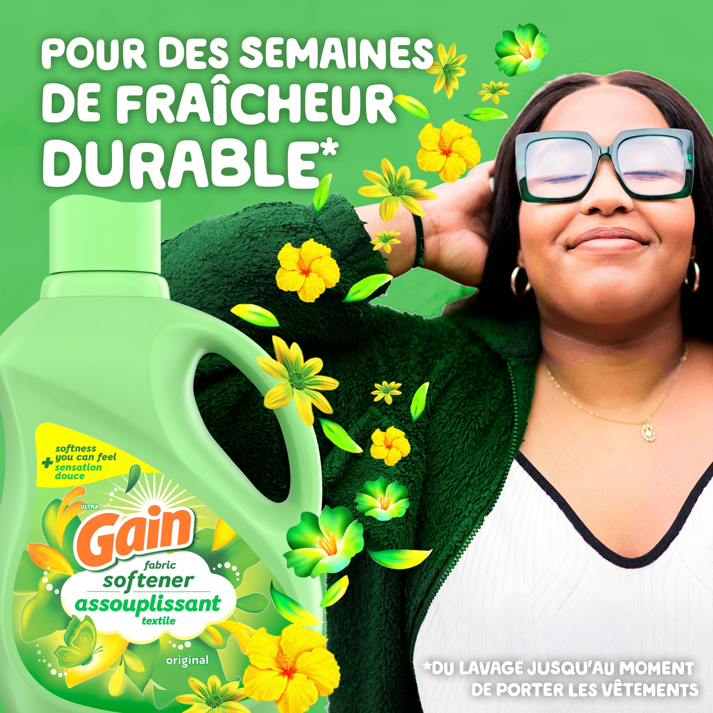 Assouplissant textile liquide Gain pour la lessive, parfum Original, compatible avec les laveuses HE 2.63L
