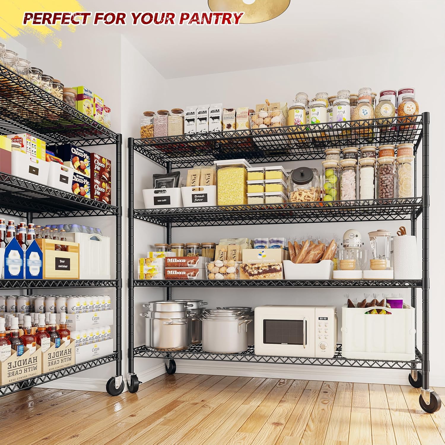 Sailvan 4-Tier Heavy Duty Metal Storage Rack, 60"W x 24"D x 72"H, 2400LBS Capacity Adjustable Wire Shelving Unit with Wheels for Garage Pantry,Black