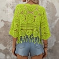 thumbnail image 4 of Women's Plain Fringe Trim Cut out Sheer Cover Up, Boho Scallop Trim 3/4 Sleeve Round Neck Cover up for Vacation, 4 of 5