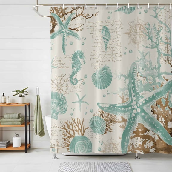 Shower Curtains for Bathroom, Aqua Coastal Starfish Waterproof Fabric Shower Curtain, Farmhouse Nautical Seahorse Coral Decorative Bathroom Curtain for Bathtub, 36"x72", No Hooks Included