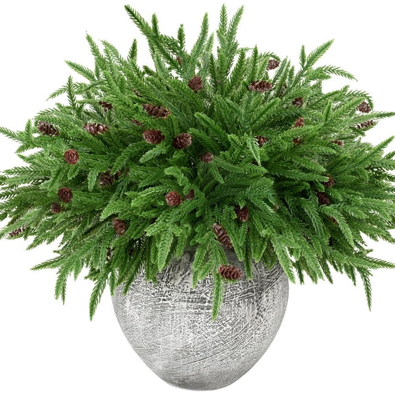 JEWLALO 16PCS 18 Inches Christmas Norfolk Pine Branches with Pinecone, Artificial Pine Branches Faux Greenery Pine Stems, Fake Norfolk Picks Stems for Vase Garland Wreath Xmas Indoor Home Decors