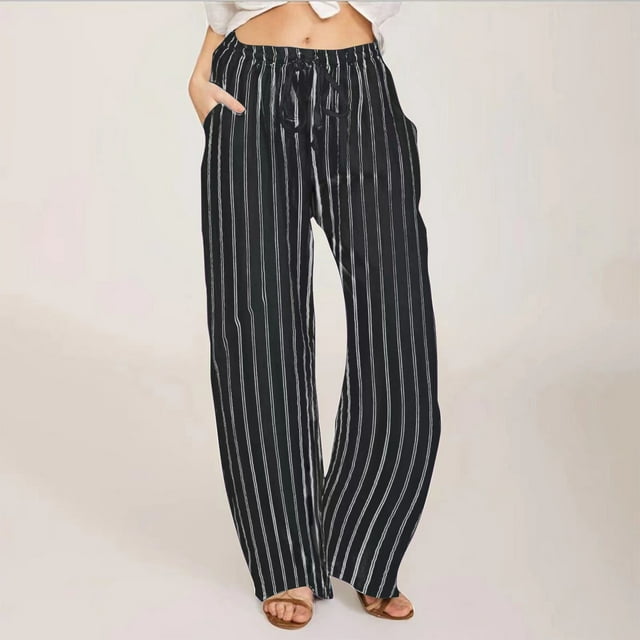 Pantalons Longs Décontractés en Lin Rayé Grande Taille pour Femmes Combinaison de Basketball Décontractée Jambes Larges Pantalons Décontractés pour Femmes Grande Taille Pantalons Taille Haute pour Femmes Grande Taille