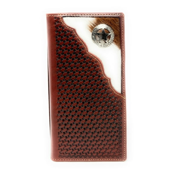 Texas West Men's Cow Fur Cowhide Genuine Leather Chrome Star Basketweave Bifold Wallet in 3 Colors