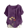 thumbnail image 2 of Vmvidoty Women's Soft Short Sleeve Tee Cotton Linen Vintage Print Top 2026 Women's Spring And Summer Round Neck Short Sleeve Casual Fashion Button T-Shirt Purple XXXXXL, 2 of 5