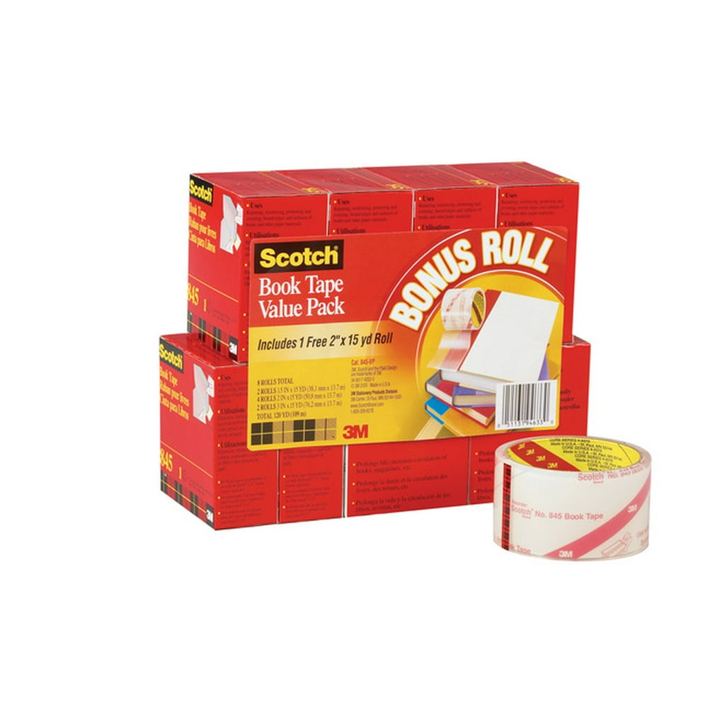 Scotch 845 Book Tape, Assorted Widths, 3 Inch Core, Crystal Clear, Pack