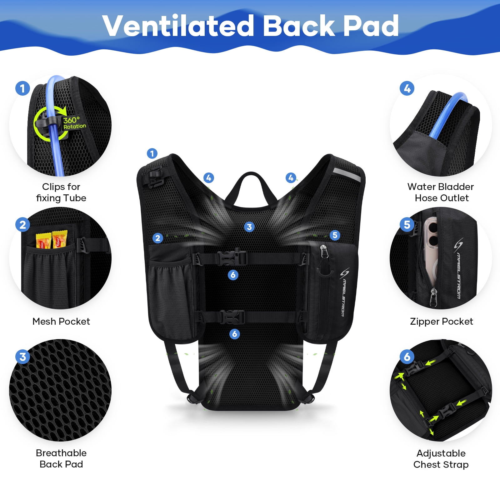Maelstrom Running Hydration Vest, Hiking Backpack with 2L Water Bladder for Cycling Rave for Men Women