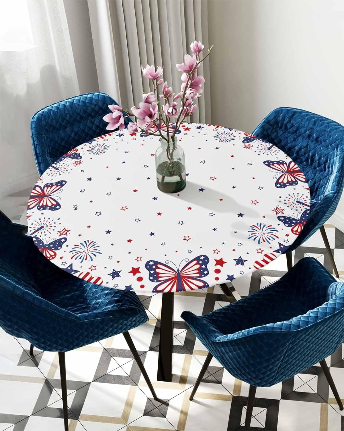 Independence Day Round Tablecloth Fitted Table Cover, Elastic Tablecloths Waterproof Outdoor Indoor Stretch Cloth Tablecover for Dinner, Party, Shower, Stripes Stars Red Blue Watercolor 36-44IN