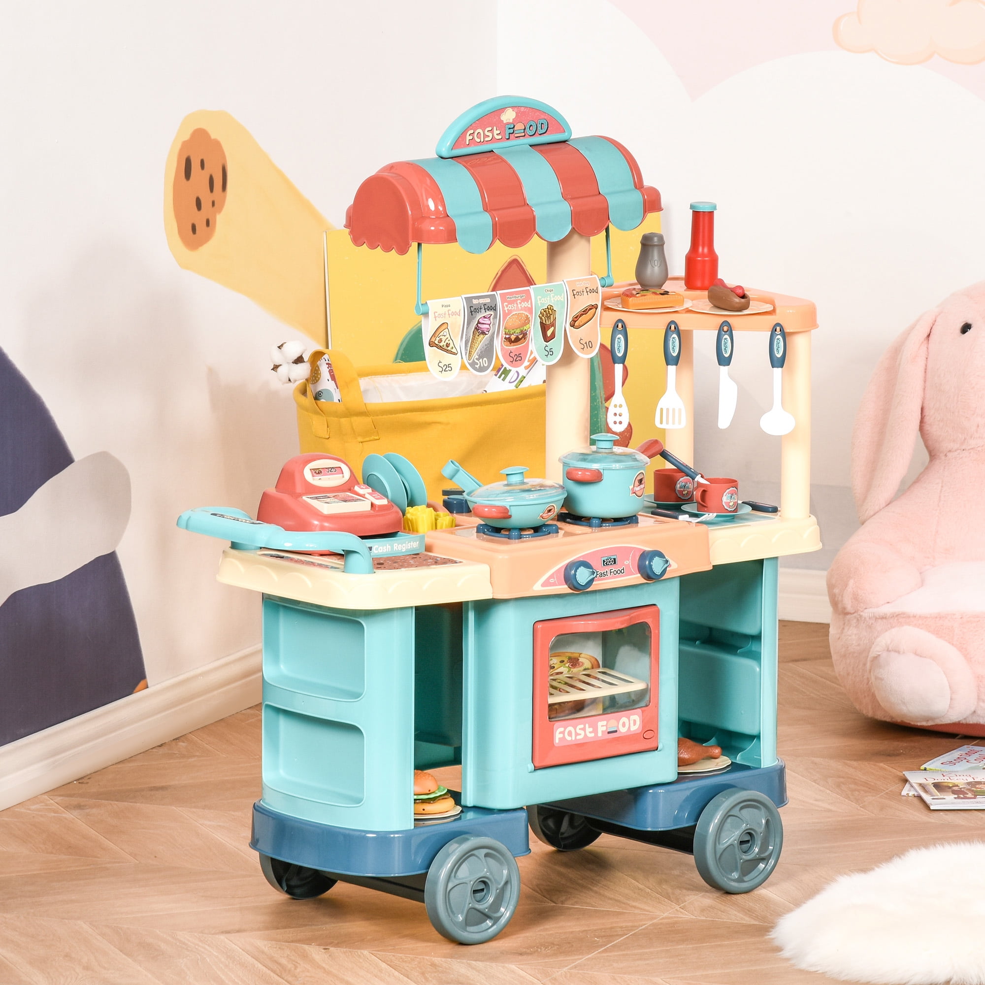 Kids Food Stand Playset 50 Pieces Pushable Kitchen with Cash Register for Ages 3-6 Learning Play