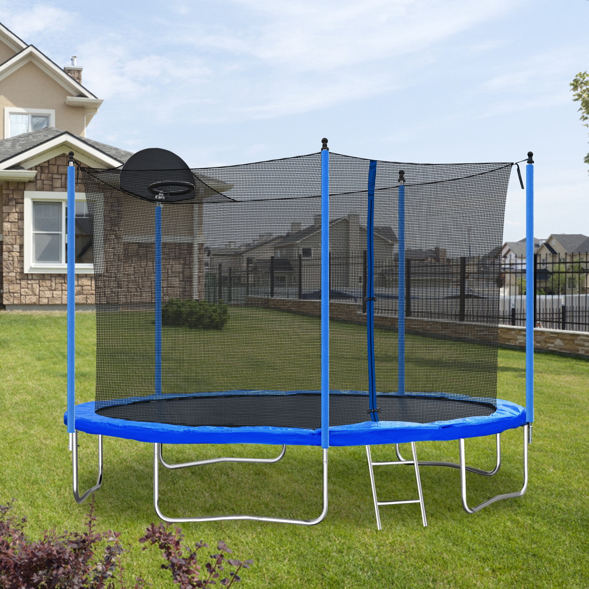 Mini Trampoline, 12FT Trampoline for Adults & Kids with Basketball Hoop, Outdoor Trampolines w/Ladder and Safety Enclosure Net for Kids and adults, Blue Trampoline For Kids,Metal Fitness Trampoline