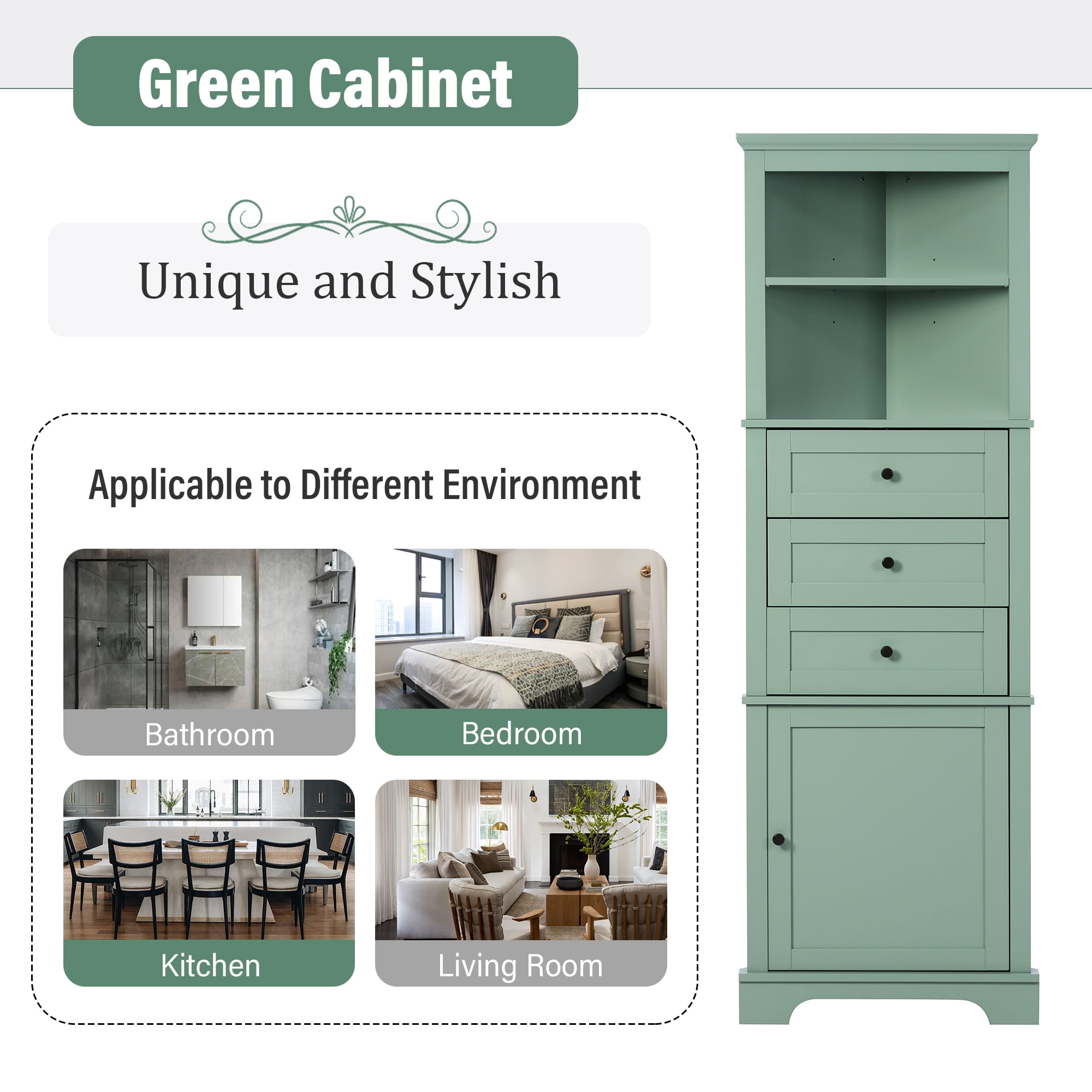 Bellemave Triangle Tall Storage Cabinet with Adjustable Shelves and 3 Drawers Corner Bathroom Cabinet Freestanding Wooden Cabinet Storage Organizer Floor Cabinet,Green