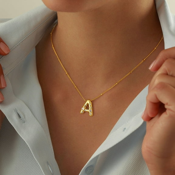 IEFSHINY Bubble Letter Necklace for Women Gold Paperclip Chain Cubic Zirconia Letter Necklace Dainty Gold Jewelry Gifts for Women