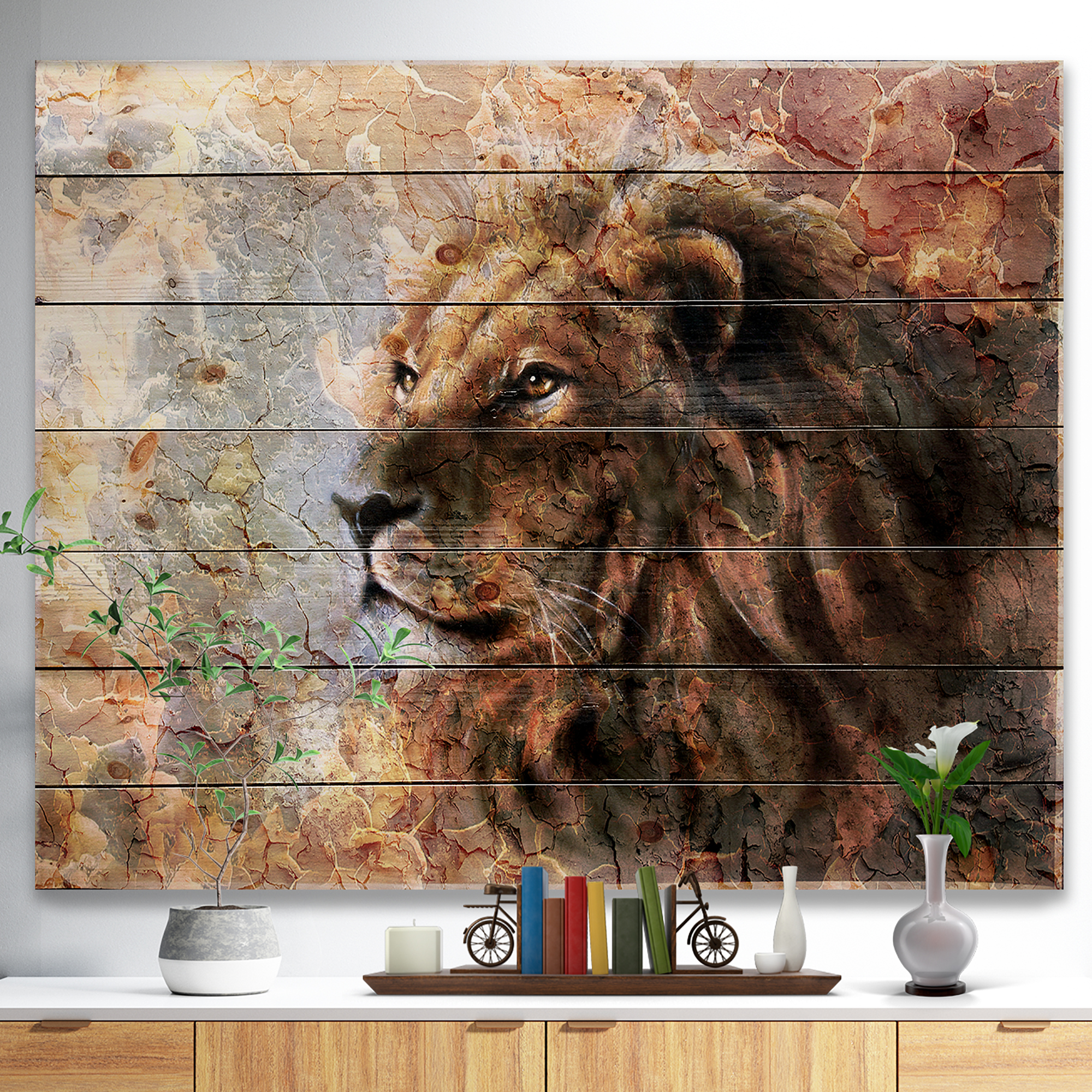 Designart 'Peaceful Lion' Animal Art Print on Natural Pine Wood