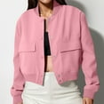 thumbnail image 3 of ClodeEU Women's Cropped Lightweight Bomber Jacket With Pockets,Fashion Casual Button Casual Coat Pink,Womens Plus L, 3 of 7