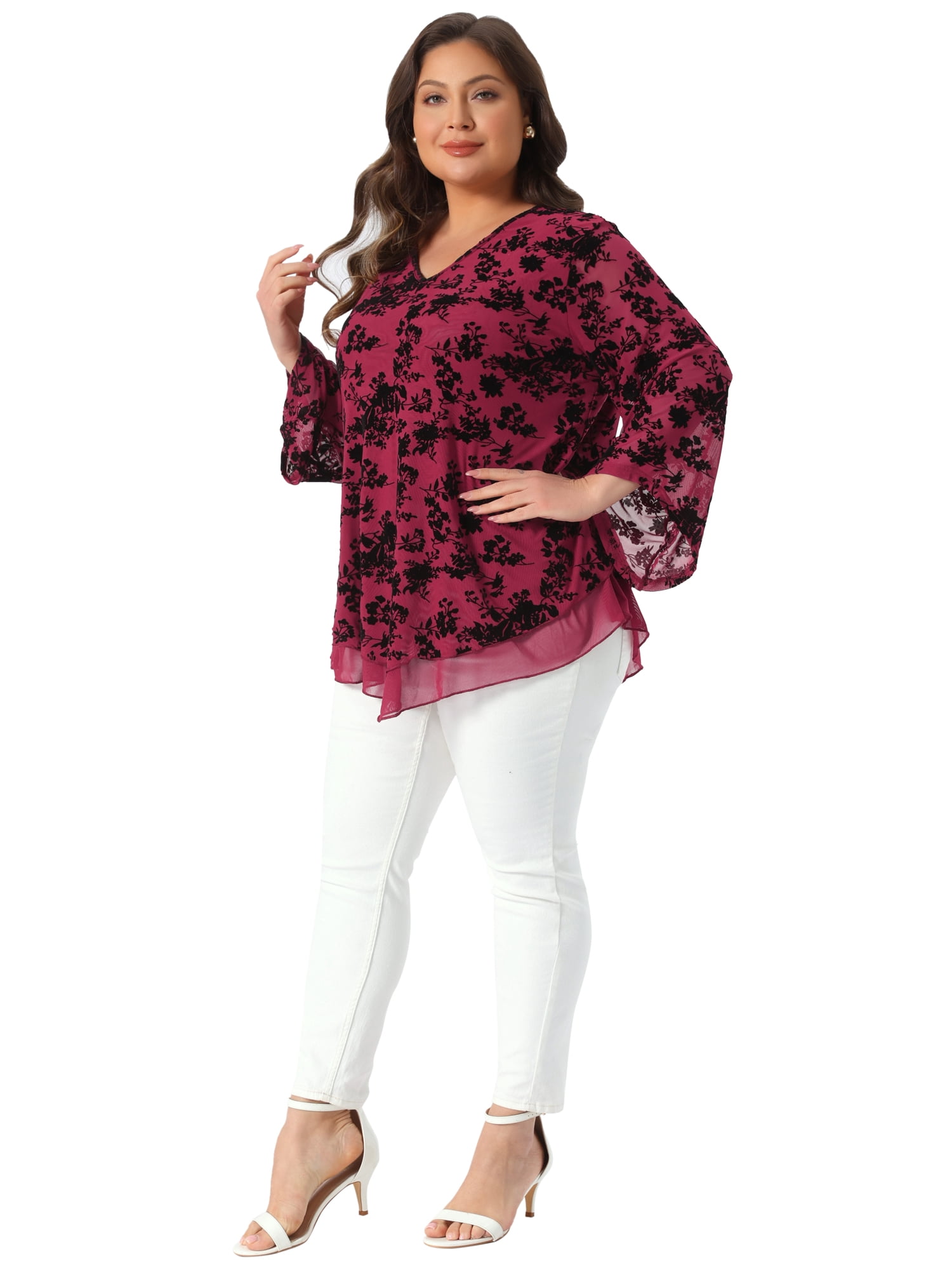 DARING DIVA Women's Plus Women's Dressy Blouse V Neck Mesh Flowy Work Shirts 2X Burgundy