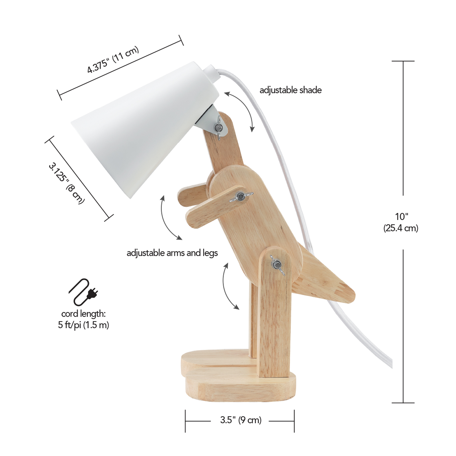 Globe Electric Terry Dinosaur 10" Wooden Desk Lamp, White Shade, In-Line On/Off Rocker Switch