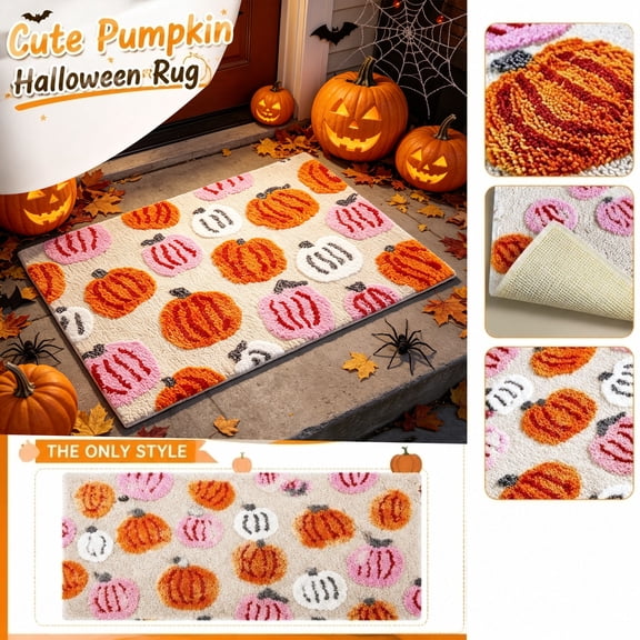 Pumpkin Bathroom Rug, Pink Halloween Bathroom Decor Mat, 32X20 Inch Plush Shaggy Fall Rug, Cute Pink Pumpkin Print Bath Floor Mat, Cozy Tufted Non-Slip Rug Mat, Ideal for