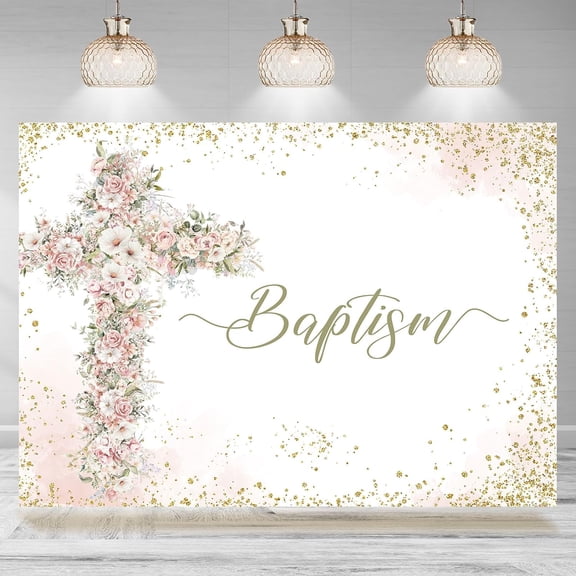 7x5FT Baptism Backdrop for Girls God Bless Pink Floral Photography Background First Holy Communion Christening Party Decoration Supplies Cake Table Banner Photo Booth Studio Props