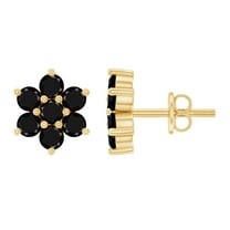 Rosec Jewels 1.25 CT Black Spinel Floral Cluster Stud Earrings, 10K Yellow Gold