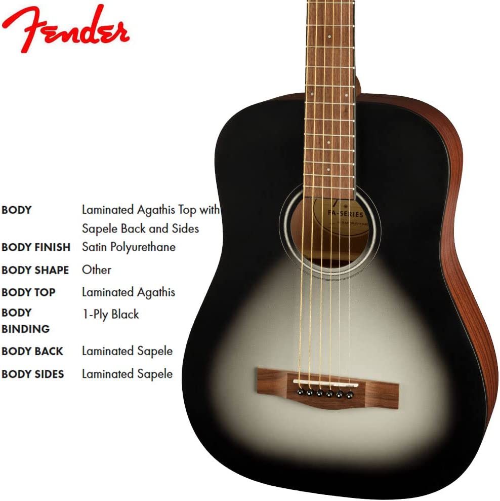 Fender Model FA-15 Silver 3/4 Size Steel Stringed Acoustic Guitar with Gig Bag