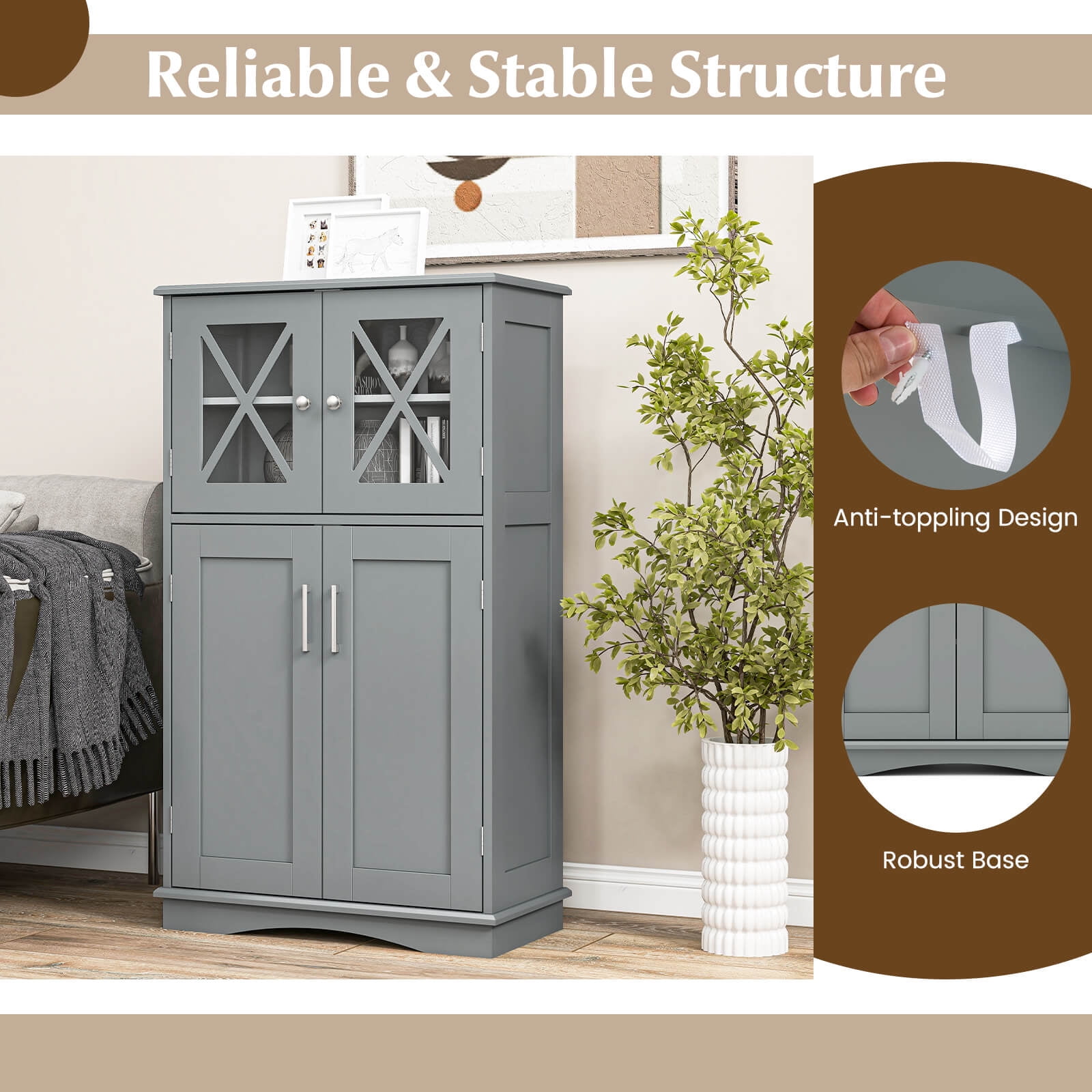 Costway Bathroom Storage Cabinet Linen Storage Cabinet with Doors and Adjustable Shelves Grey