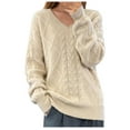 thumbnail image 3 of Fartey Womens V Neck Cable Knit Sweaters Fall Winter Chunky Warm Pullover Oversized Crewneck Long Sleeve Baggy Knitwear Loose Fit Jumper Tops Beige L, 3 of 7