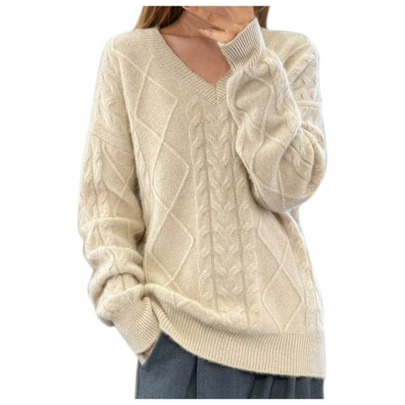 Womens Fall V Neck Sweater, Long Sleeve Pullover for Women Fashion Loose Fit Solid Color Knitted Sweaters Tops