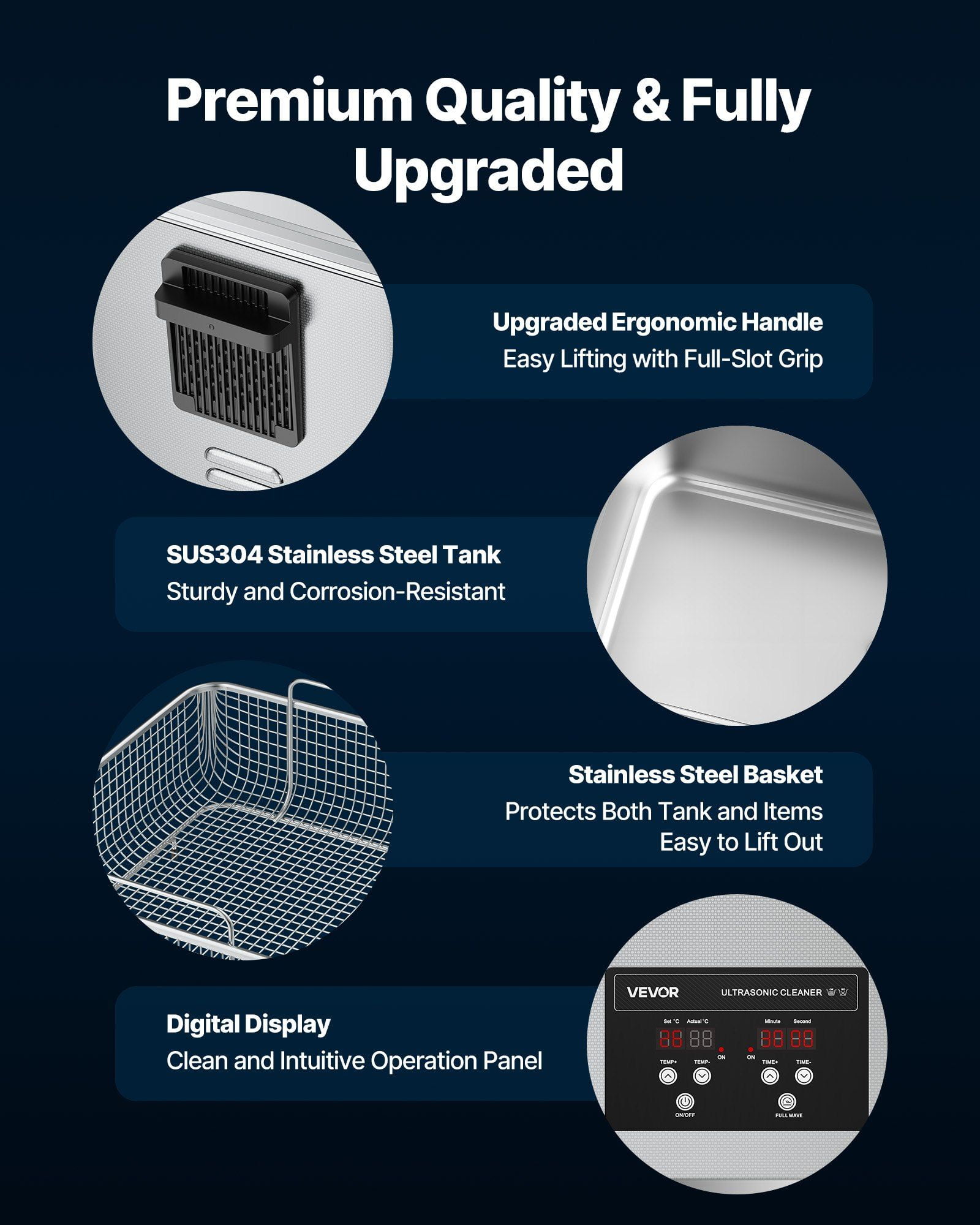 15L Ultrasonic Cleaner Professional Machine with Digital Display 240W Stainless Steel 40kHz Industrial Cleaning for Parts Carburetors Instruments