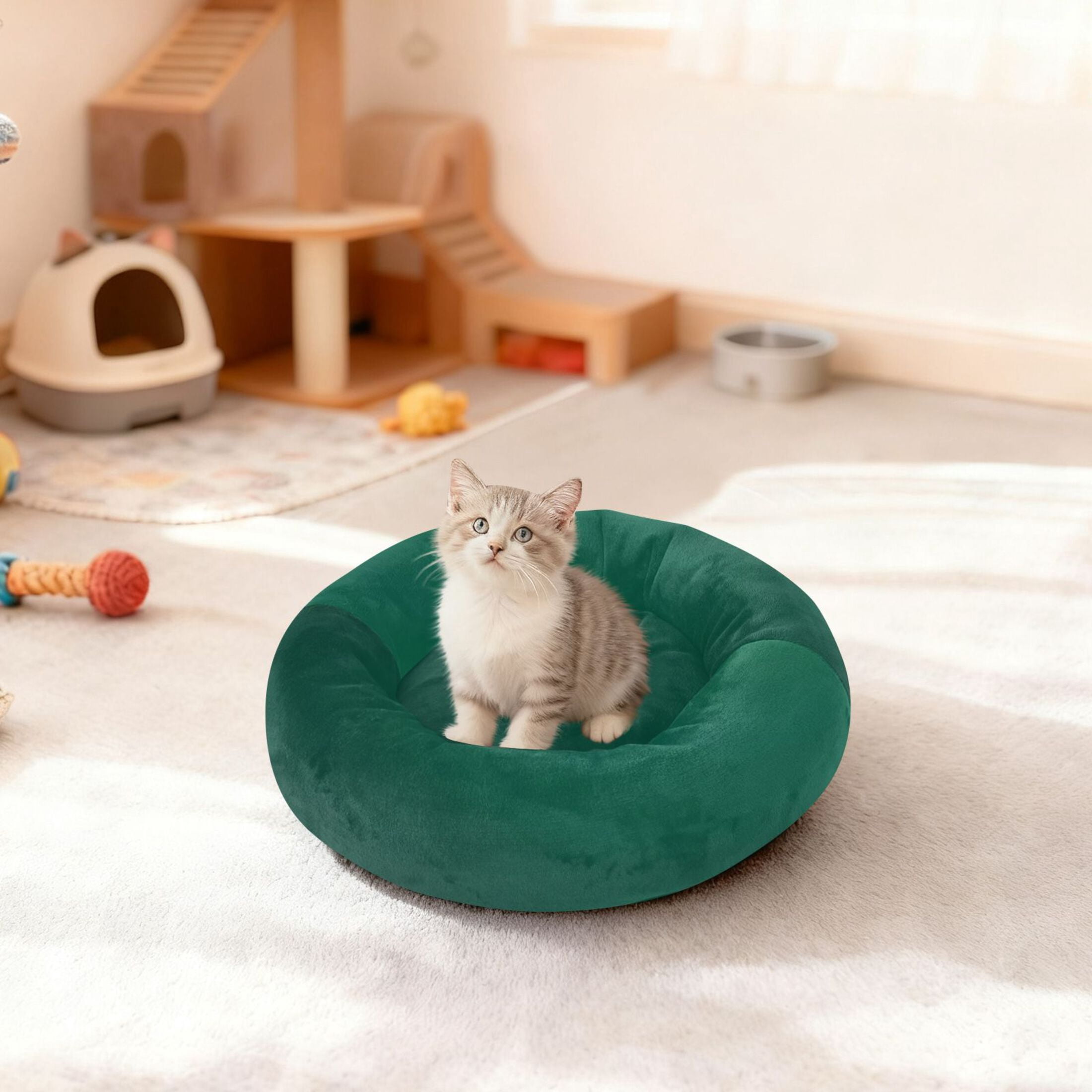 Iauyy Pet Couch Donut Cat Bed for Indoor Cats/Small Dogs Washable & Machine with Non-slip Bottom Calming Cat Furniture, Deep Forest Green Background (M)