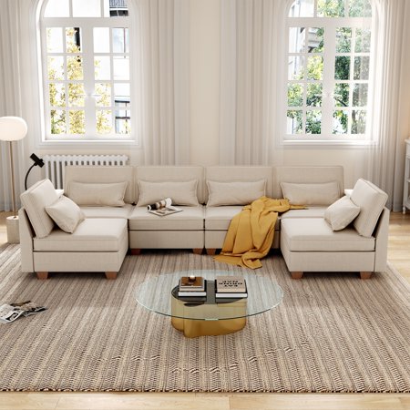 Jarenie 112.6" U-Shaped 6 Seats Modular Sectional Sofa with Storage Seats and Phone Holder - 112.6 Beige