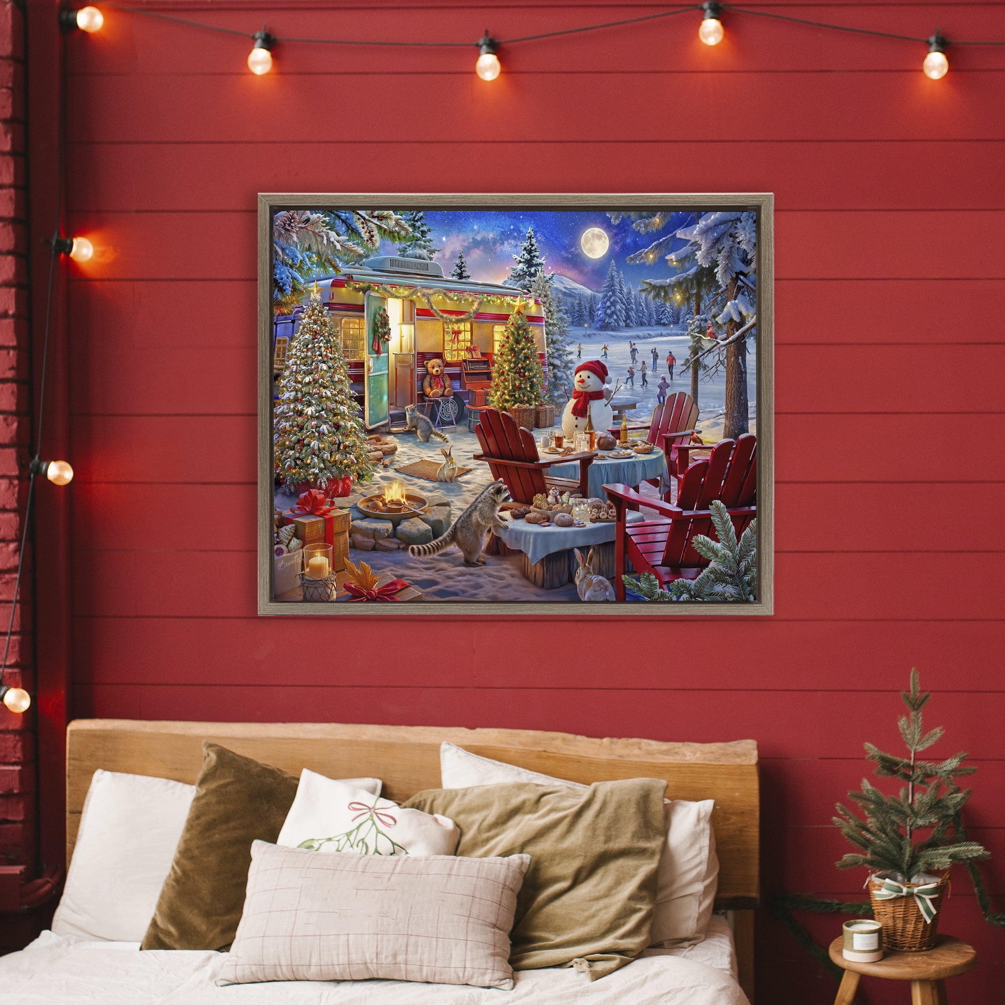 Winter Holiday Camper Party Brown Framed Floater Canvas Wall Art, design by Henriette Chinaglia