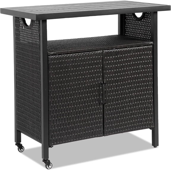 Homefun Outdoor Wicker Storage Cabinet Patio Bar Cart Prep Table Grill Station Movable Dining Cart Table Garden,Black