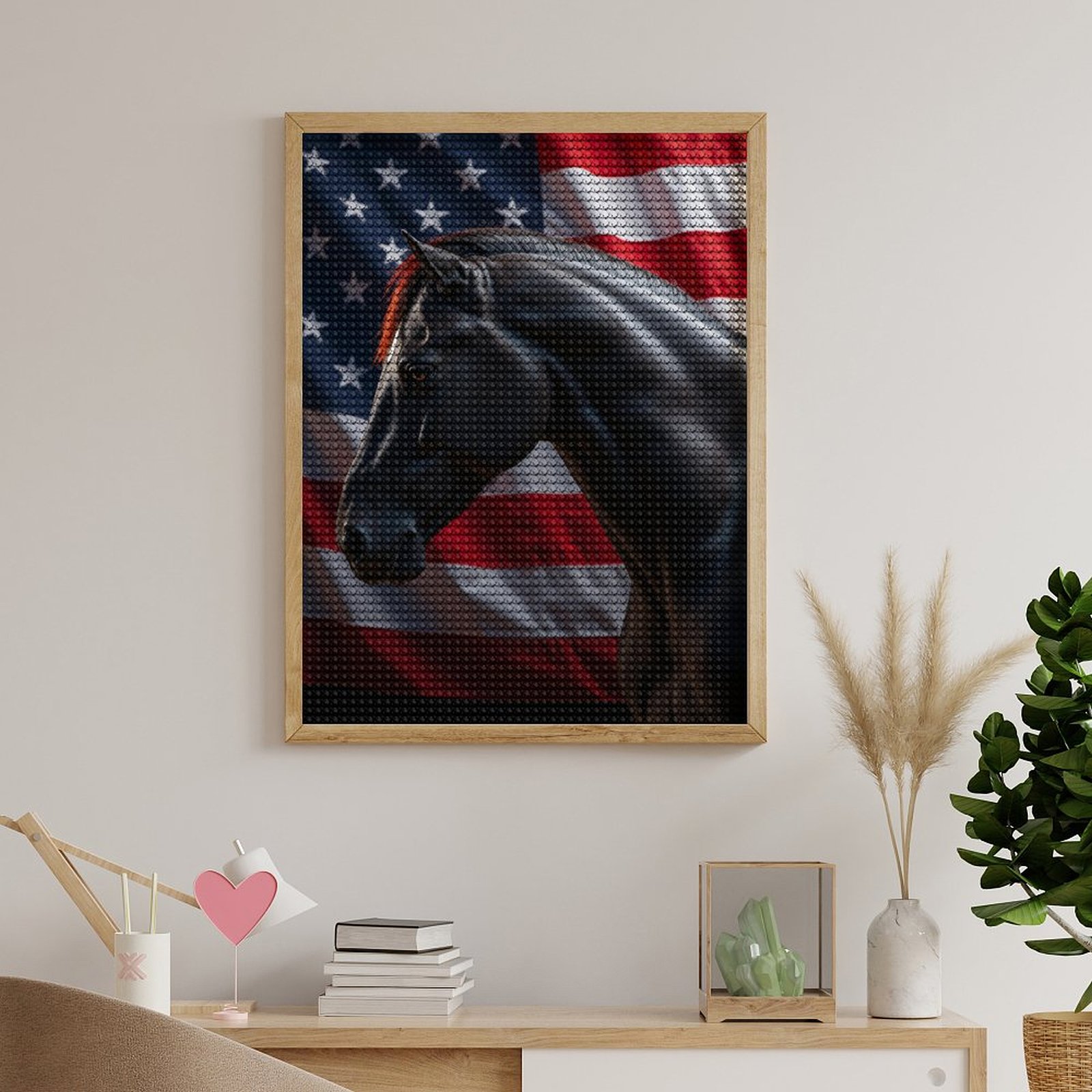 Diamond Art Kits for Adults, Black Horse American Flag Background 5D Diamond Painting Kits for Adults Beginners, DIY Full Drill Diamond Painting, Gem Art and Crafts 12x16