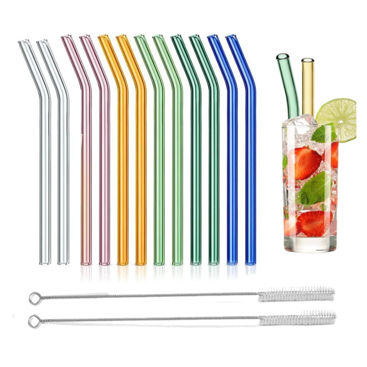 Reusable Bent Glass Straws, 8mm Glass Drinking Straws with 2 Cleaning