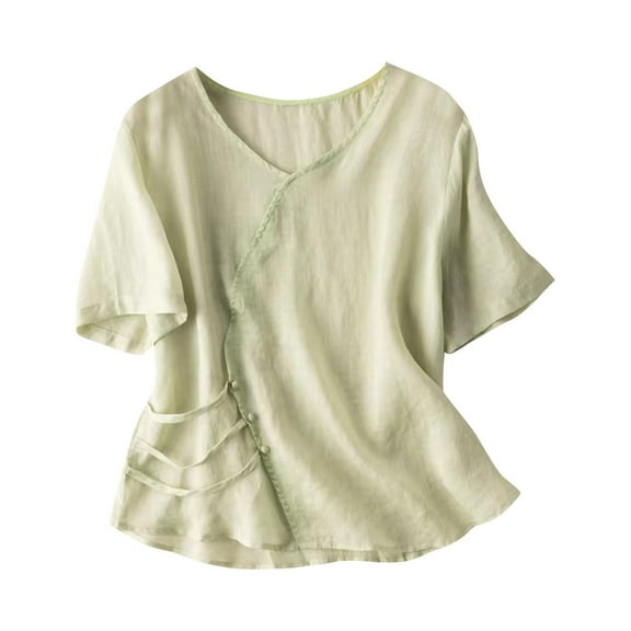 Women's Cotton Linen Shirt Cheongsam Blouse Dressy Casual Plain Short Sleeve Tops Lace Up Button Elegant Qipao Shirt