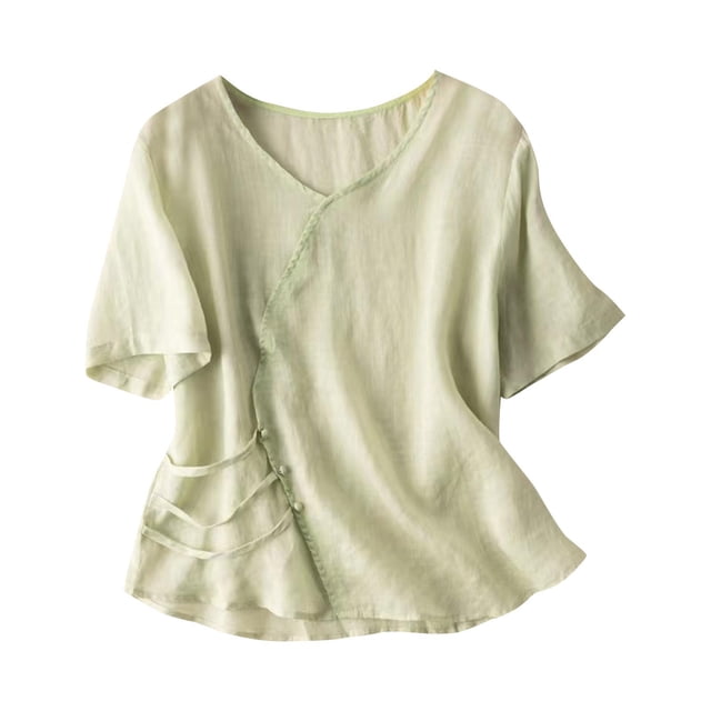 Pisexur Womens Tops 2024 Summer Short Sleeve V Neck Linen Shirts Retro Embroidered Blouses Bottom Button Solid Color T Shirts Loose Flowy Pullover Tops
