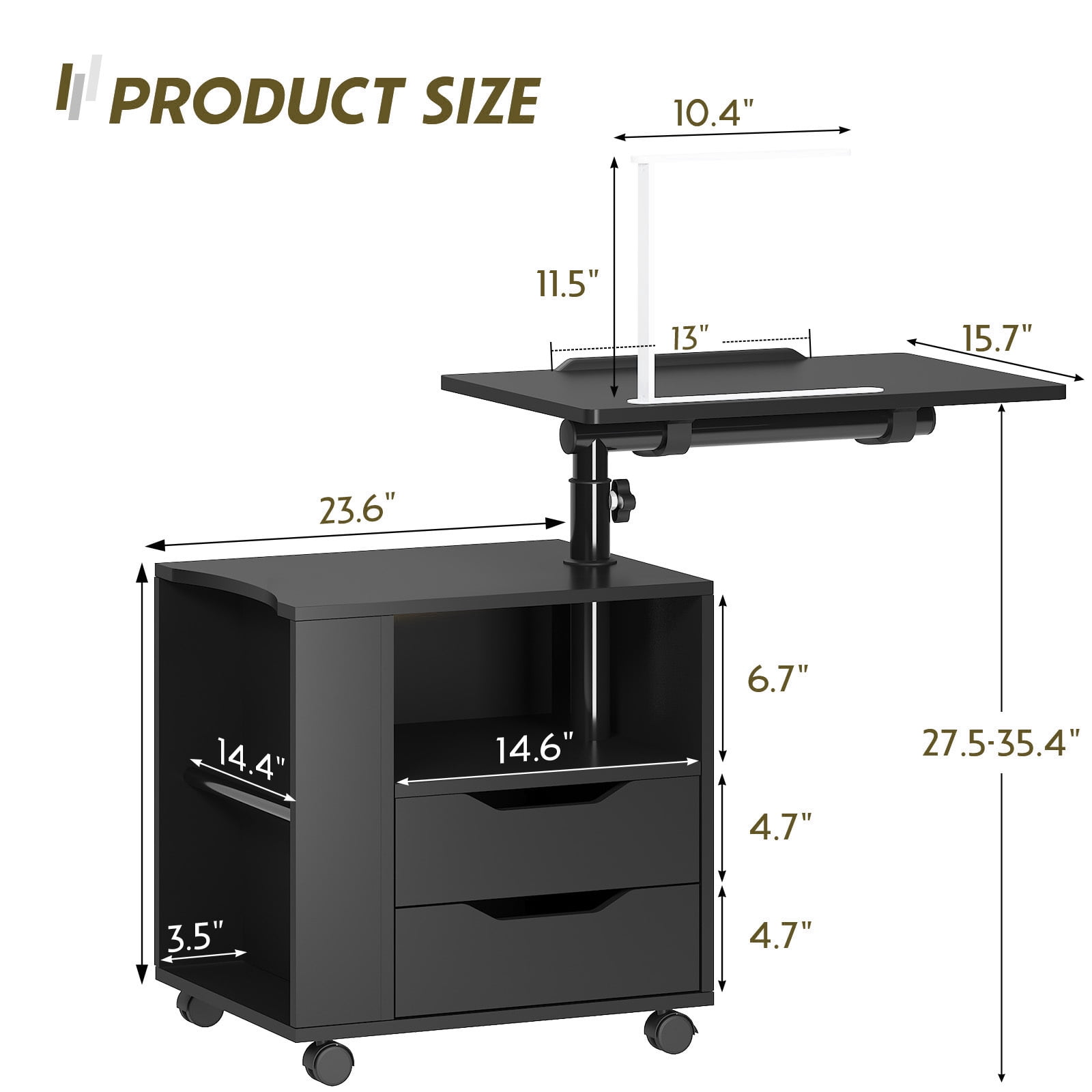 Soges Nightstand with Drawers and LED Lights, Bedside Table with Lamp, USB Charging Ports, Height Adjustable Side Table with Wheels, Rolling End Table Overbed Table, Black