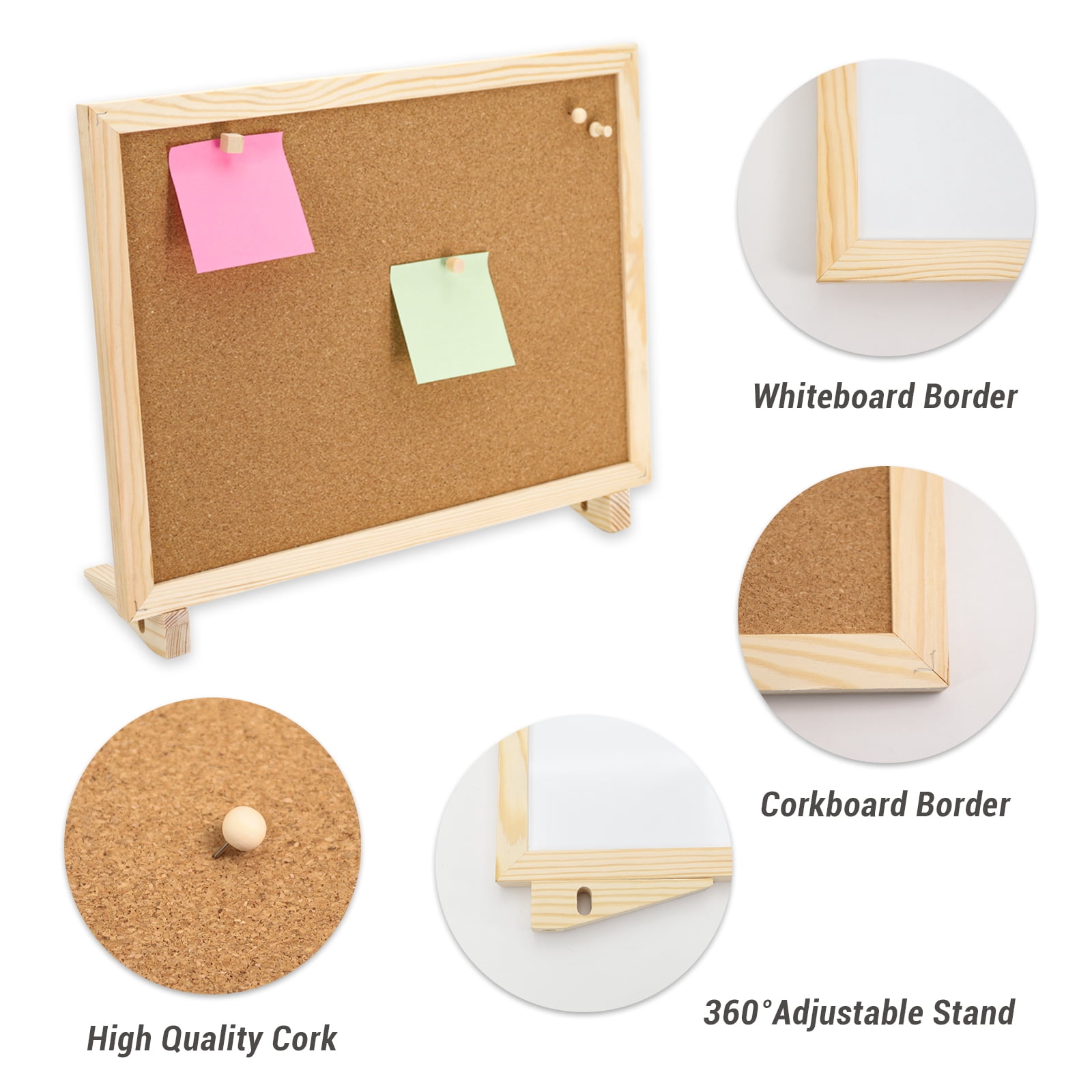 SHOOFFICE Cork Board White Board Combo, 16" x 12" Magnetic Corkboard for Desktop and Wall, Wooden Frame