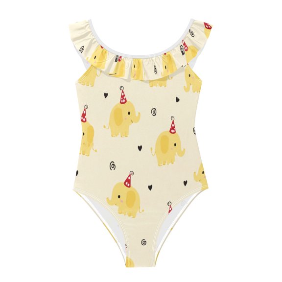 Girls Ruffled One Piece Swimsuit Summer Beach Vacation Swimwear Tank Swimsuit Cartoon Yellow Elephant
