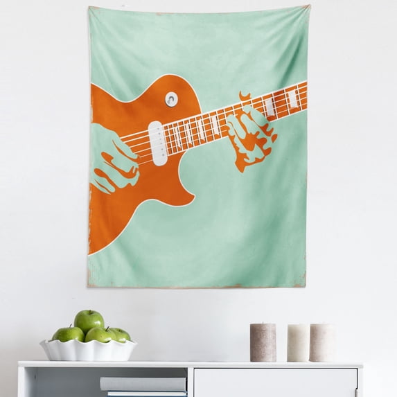 Guitar Tapestry, Creative Musician Playing Jamming Instrument Acoustic Performing Vintage, Fabric Wall Hanging Decor for Bedroom Living Room Dorm, 5 Sizes, Mint Green Orange, by Ambesonne
